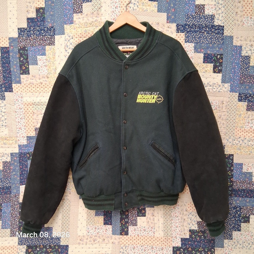 Vintage Arctic Cat Bounty Hunter Wool Leather Varsity Style Jacket SZ XLT Green